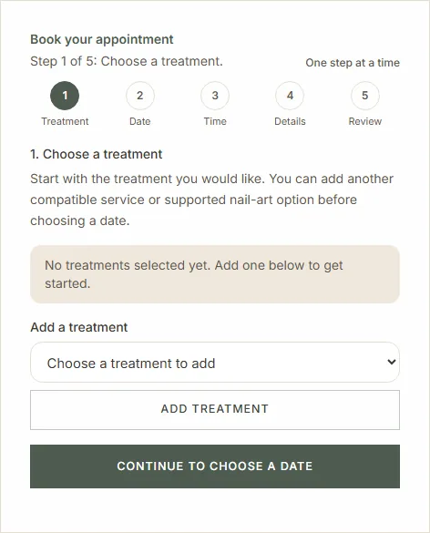 Ten20 Beauty public booking form at the treatment-selection step